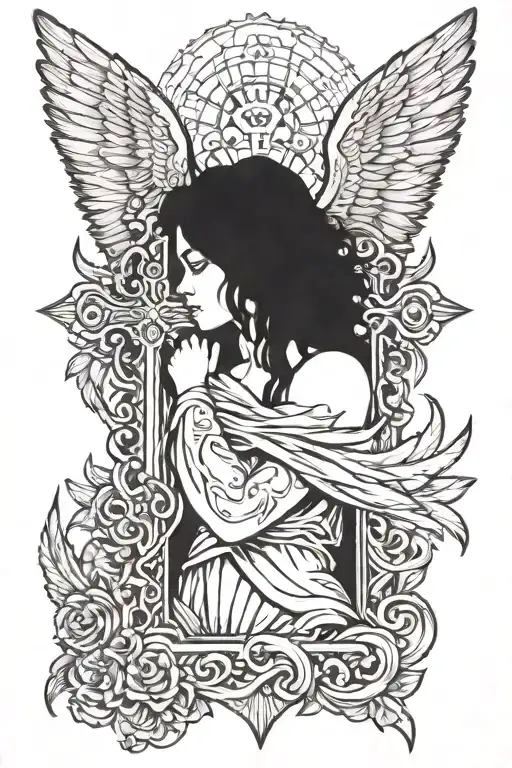 Angel behind and hugging a cross with wings spread tattoo design idea