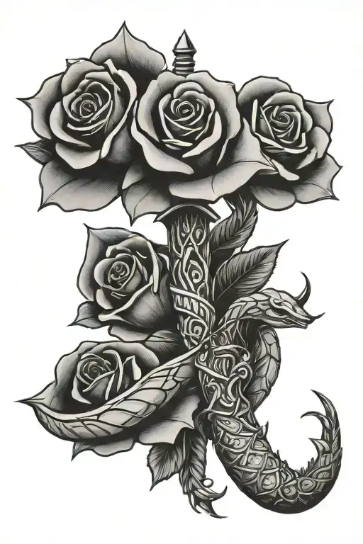 roses dagger snake intertwined tattoo design idea