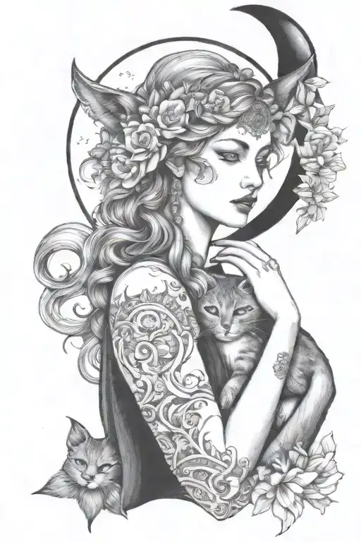 freya goddess bust full moon and kitten  tattoo design idea