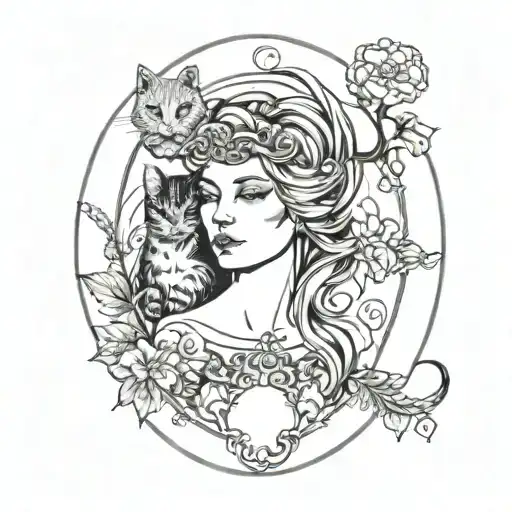 freya in oval with a cat tattoo design idea