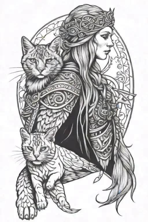 freya norse goddes wearing falcon and cat  tattoo design idea