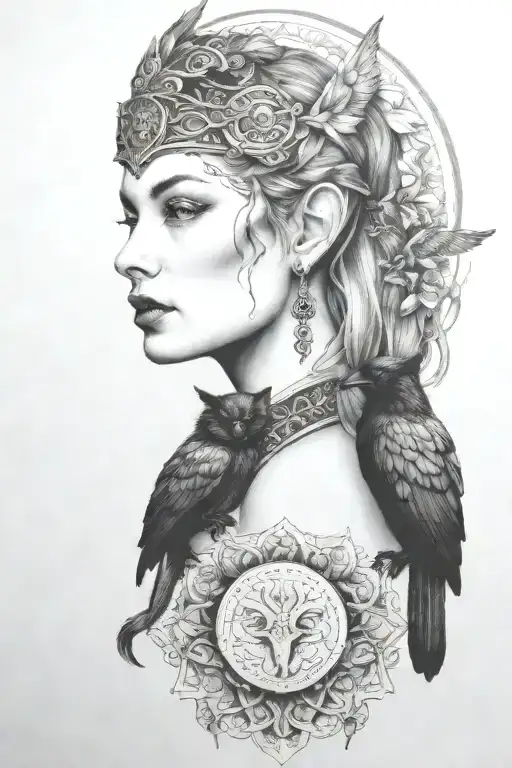 Freya with raven and cat tattoo design idea