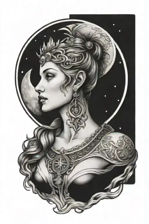freya goddess bust with moon and runes  tattoo design idea