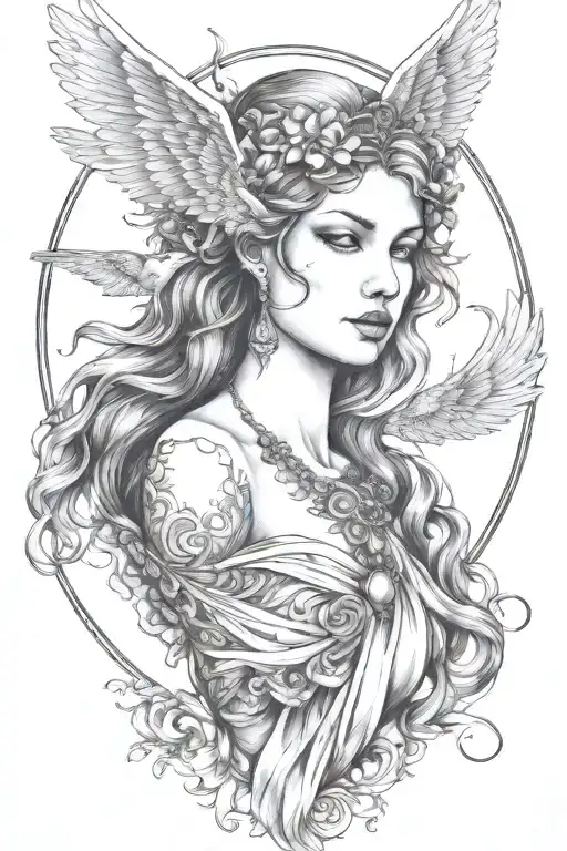 freya goddess bust wings hanging down full moon tattoo design idea