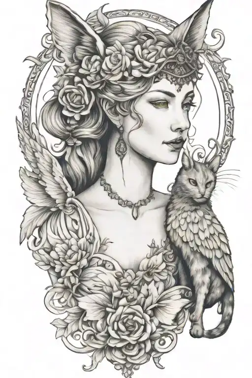 freya goddess bust wings wrapped with cat  tattoo design idea