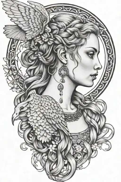 freya goddess bust braided hair full moon falcon tattoo design idea