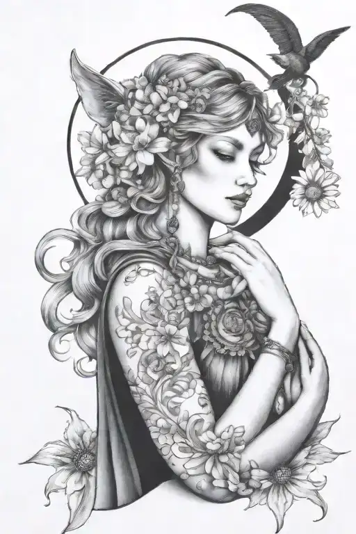 freya goddess with daisies moon kitten  tattoo design idea