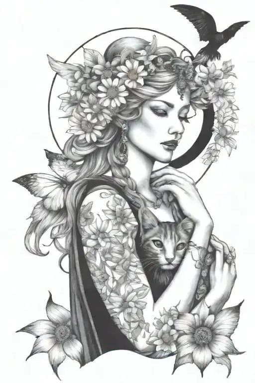 freya goddess with daisies moon and hanging wings kitten  tattoo design idea