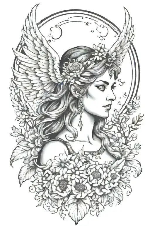 full moon freya bust goddess with daisies and wings on shoulder  tattoo design idea