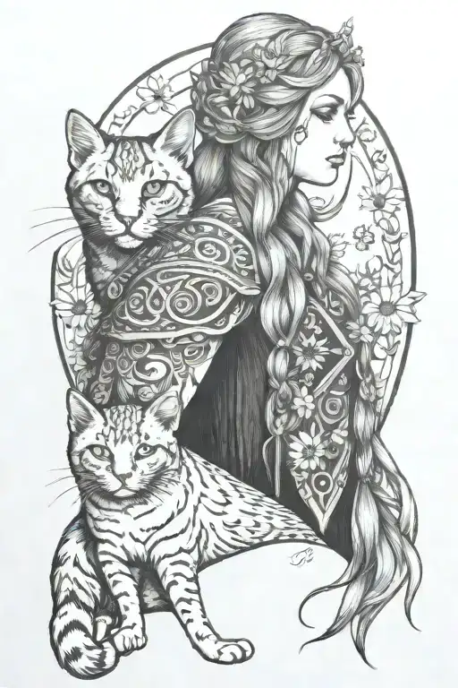 freya norse goddes holding cat and daisies floating tattoo design idea