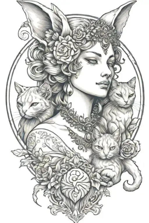 freya goddess bust with 2 small cats full moon tattoo design idea