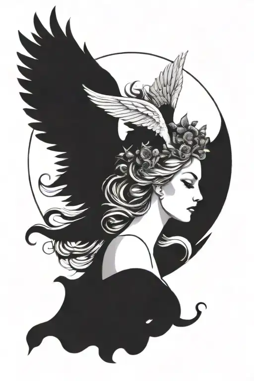 freya bust goddess with full moon and angel wings  tattoo design idea