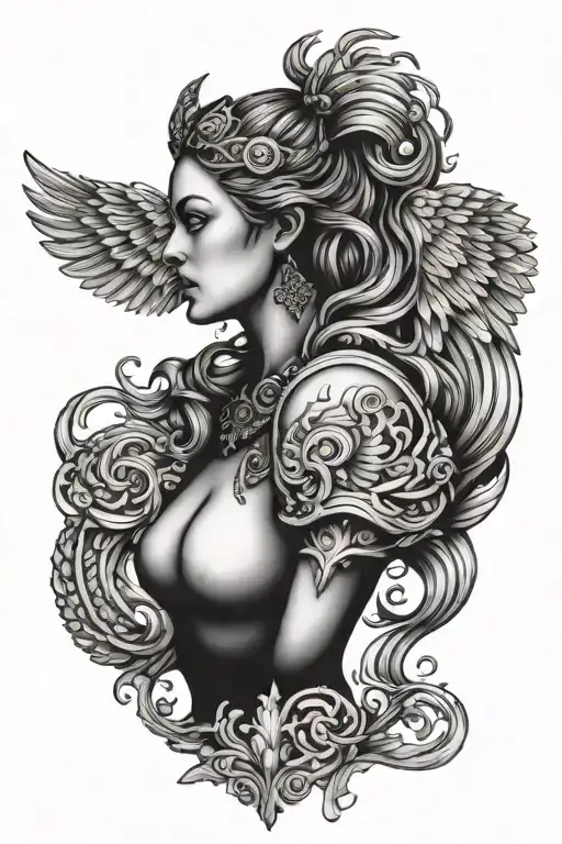 freya norse goddes bust with wing fused tattoo design idea