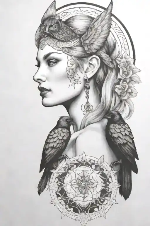 Freya with raven and cat tattoo design idea