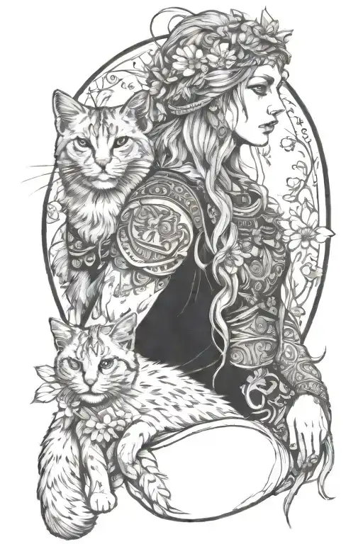 freya norse goddes holding cat and daisies floating tattoo design idea
