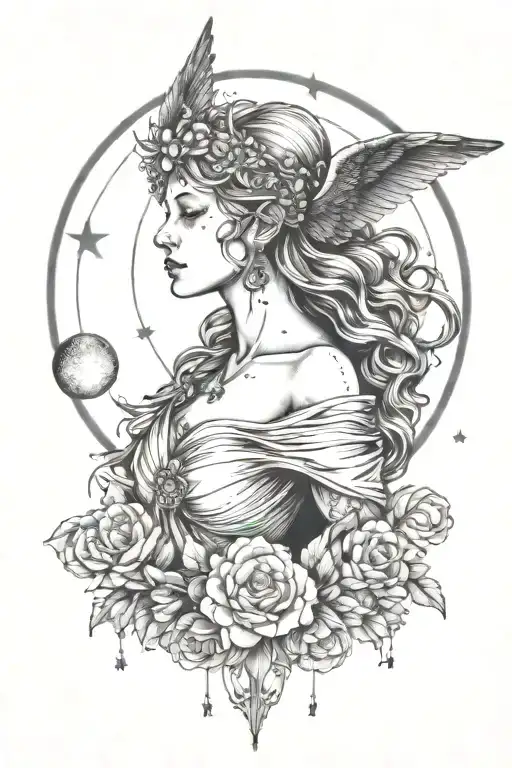 freya bust with wings full moon Little Dipper constellation tattoo design idea