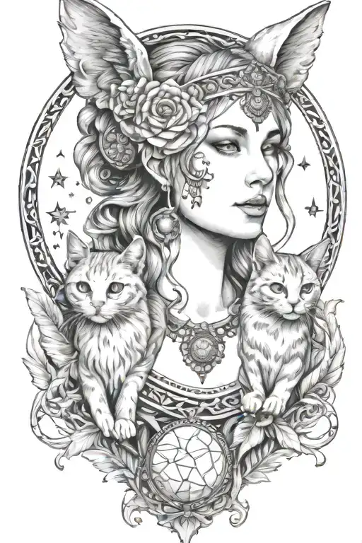 freya goddess bust with 2 small cats full moon feathers constellation  tattoo design idea