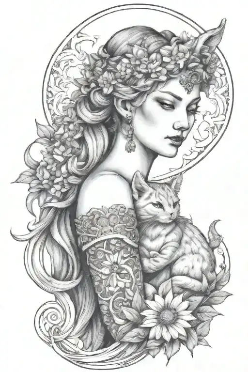 freya goddess bust with daisies full moon and kitten boar ears  tattoo design idea