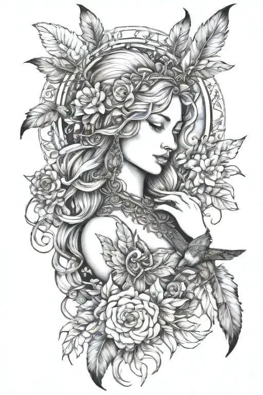 freya goddess bust full moon feather shoulders   tattoo design idea