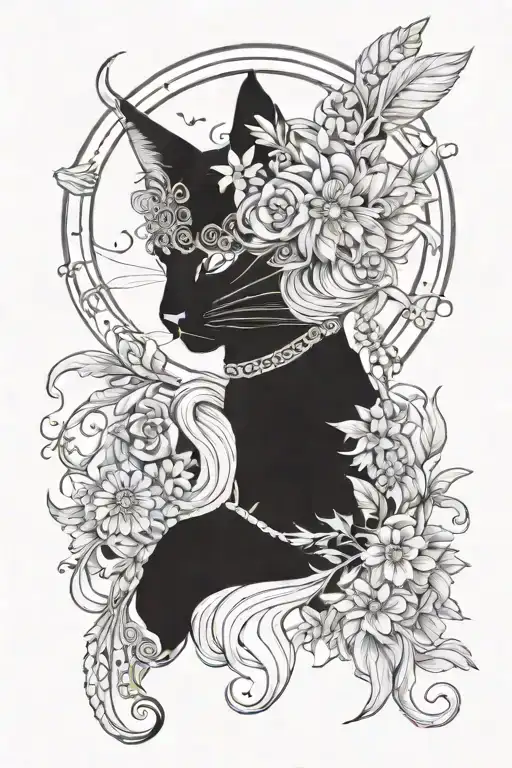 freya goddess bust full moon feathers and cat with floating daisies  tattoo design idea