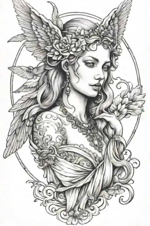 freya goddess bust wings hanging down full moon tattoo design idea