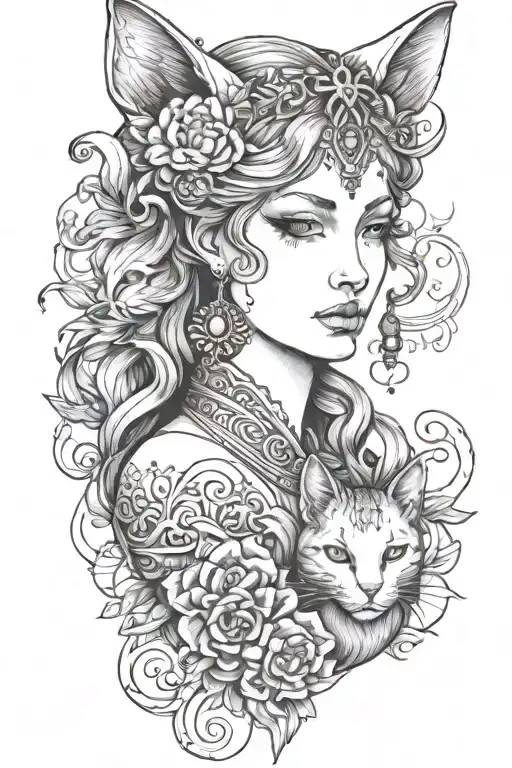 freya goddess bust with small cat  tattoo design idea
