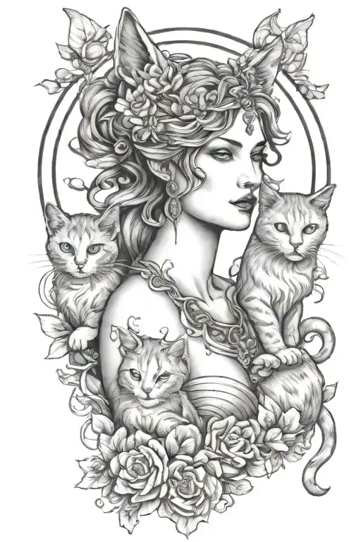 freya goddess bust with 2 small cats full moon tattoo design idea