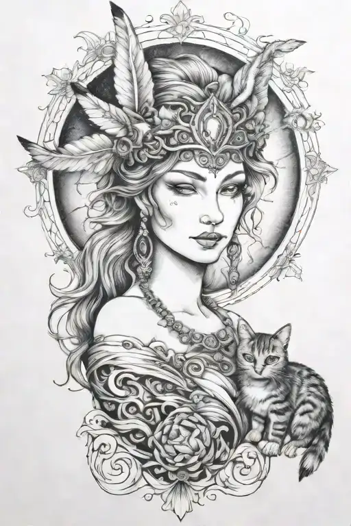 freya goddess bust with small cat full moon feathers  tattoo design idea