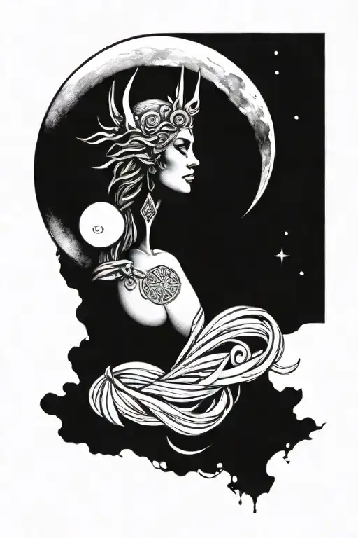 freya goddess bust with full moon and runes  tattoo design idea