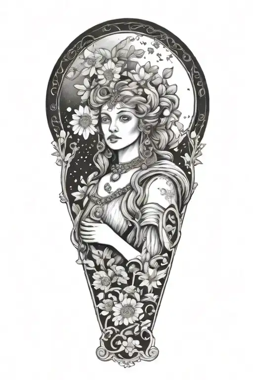 full moon freya bust goddess with daisies  tattoo design idea