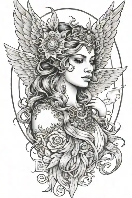 freya goddess bust wings full moon tattoo design idea