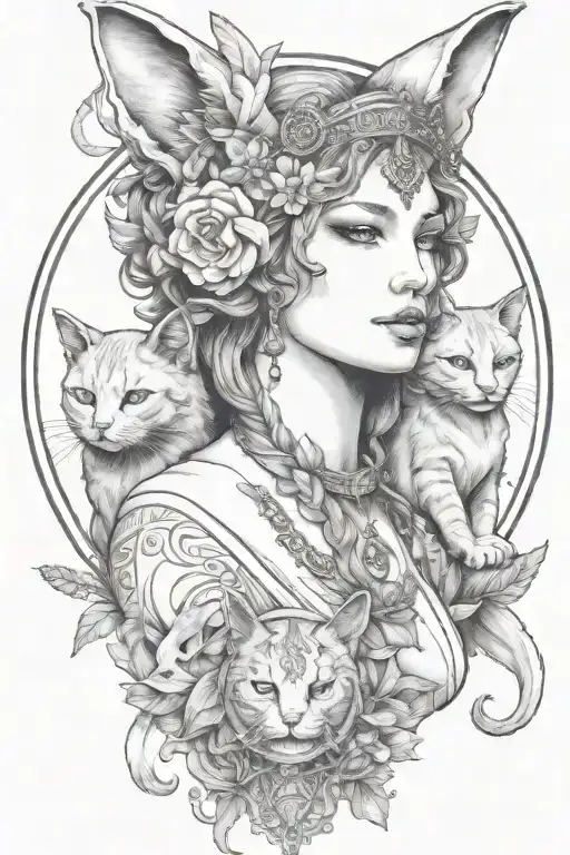 freya goddess bust with 2 small cats full moon feathers constellation  tattoo design idea