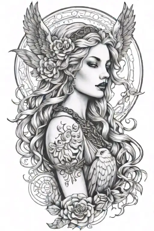 freya goddess bust braided hair full moon falcon tattoo design idea