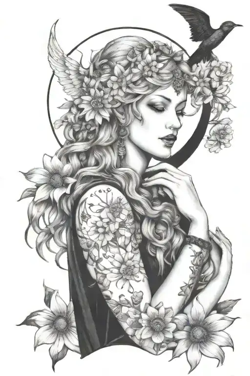 freya goddess with daisies moon and hanging wings  tattoo design idea