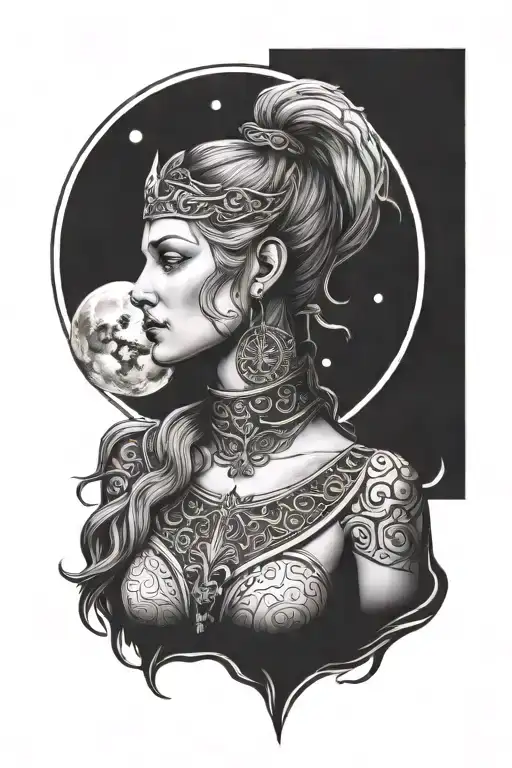 freya goddess bust with full moon and runes  tattoo design idea