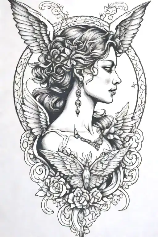 freya bust with wings hanging moon tattoo design idea