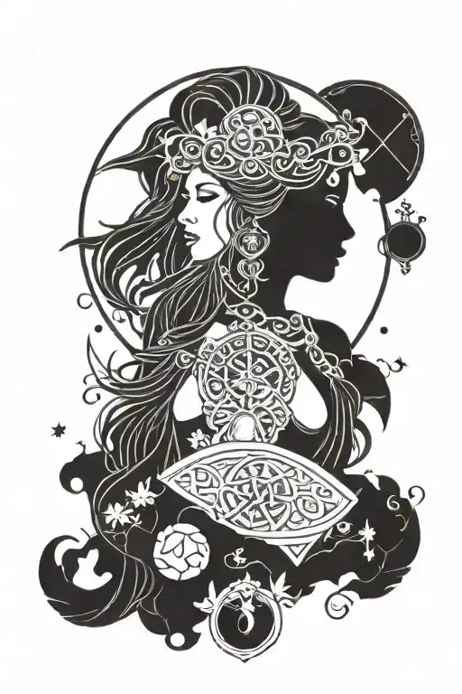 freya bust goddess with full moon and runes  tattoo design idea