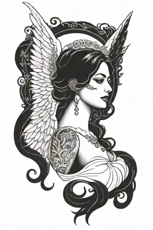 freya bust goddess with full moon and angel wings  tattoo design idea