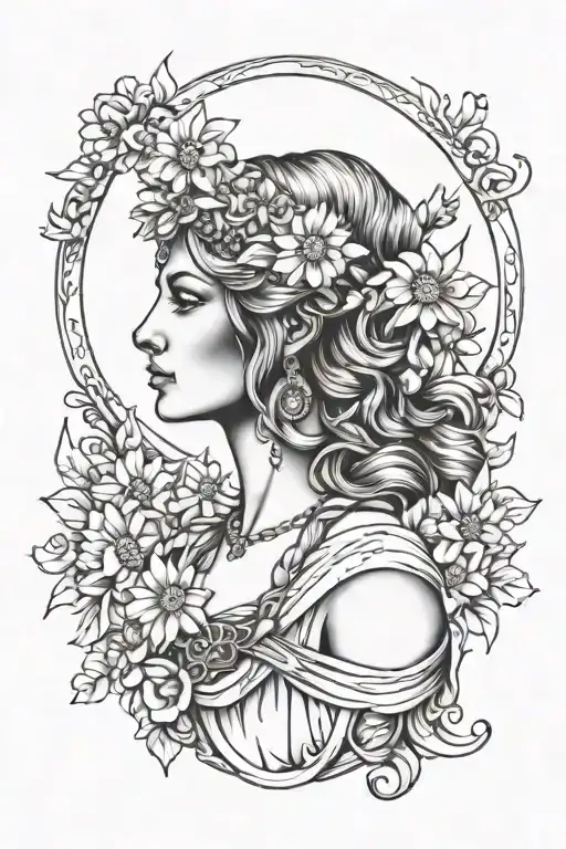 full moon freya bust goddess with daisies  tattoo design idea