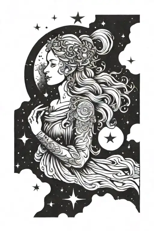 freya goddess full moon surrounded by stars tattoo design idea
