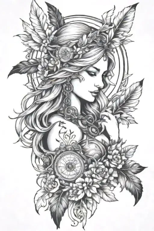 freya goddess bust full moon feather shoulders with rune  tattoo design idea
