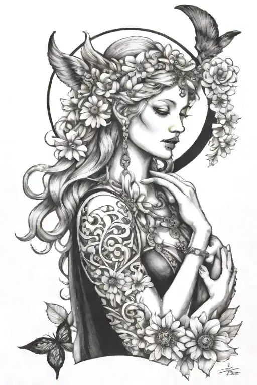 freya goddess bust with daisies full moon and kitten  tattoo design idea