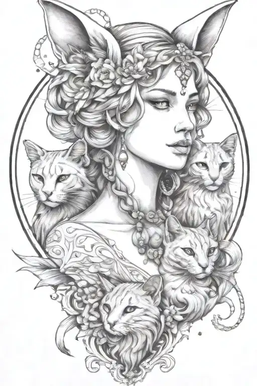 freya goddess bust with 2 small cats full moon feathers constellation  tattoo design idea
