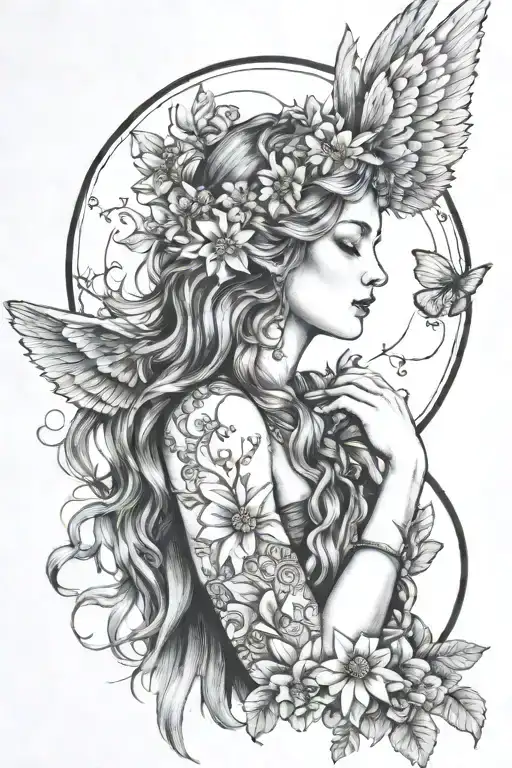 freya goddess with daisies moon and hanging wings  tattoo design idea
