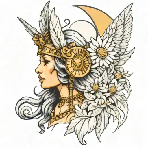 freya goddess bust wearing feather helmet full moon and floating daisies  tattoo design idea