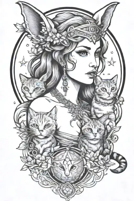 freya goddess bust with 2 small cats  Venus and stars  tattoo design idea