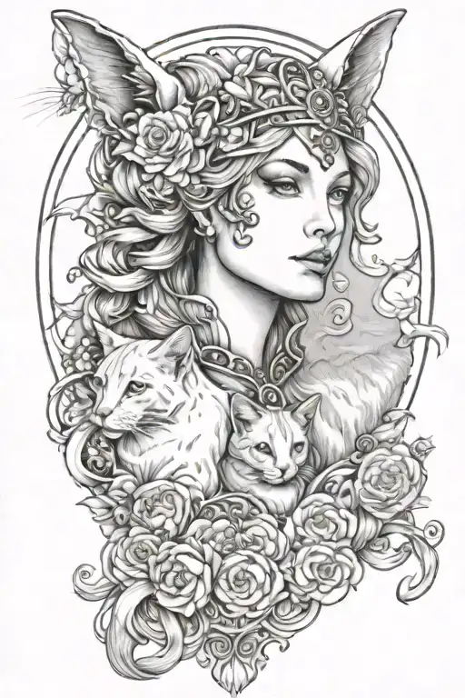 freya goddess bust with 2 small cats full moon tattoo design idea