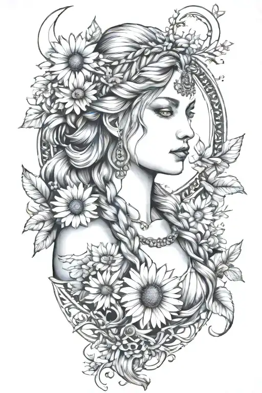 freya goddess bust braided hair full moon with daisies  tattoo design idea
