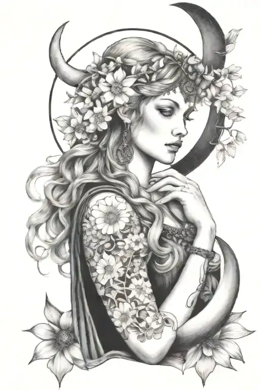freya goddess with daisies moon tattoo design idea