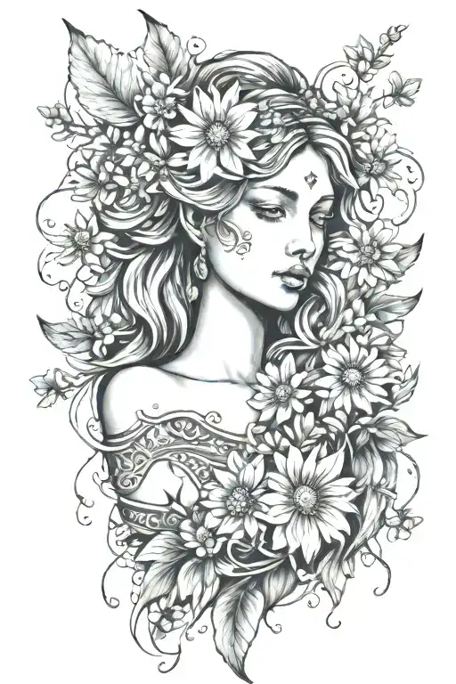 freya goddess bust with floating daisies  tattoo design idea